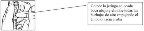 Disegno tecnico che mostra una mano che tiene una siringa verticale mentre un dito colpisce la parte superiore per eliminare le bolle d'aria