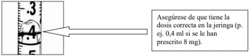 Dettaglio di una siringa con la scala graduata che indica la dose di 0,4 ml indicata da una freccia verso un testo esplicativo in spagnolo