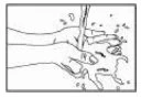 Line drawing of two hands holding and manipulating a thin object above a surface with splashes of liquid and small particles