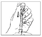 A hand holds a glass vial and presses the plunger of a syringe downward, indicated by a vertical black arrow