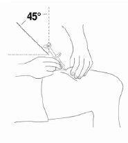 Technical drawing showing a hand inserting a syringe at a 45-degree angle into the upper thigh of a person