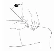 Technical drawing showing a hand inserting a needle into a muscle with a