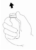 A hand gripping a glass vial with a black arrow pointing toward the