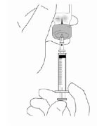 Schematic drawing of a hand holding a syringe to inject medication into the upper arm of a person