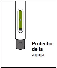 Technical drawing of a white injection pen with a transparent window containing green liquid and needle protection
