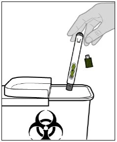 A hand holding an injection pen above a biohazard waste container with the black biohazard symbol on a white background