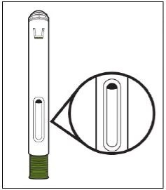 Technical drawing of an injection pen with a circular magnification showing in detail the viewing window of the internal liquid