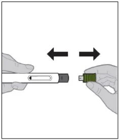 Two hands separating or attaching a pen-shaped medical device from a green cap through lateral movements indicated by black arrows