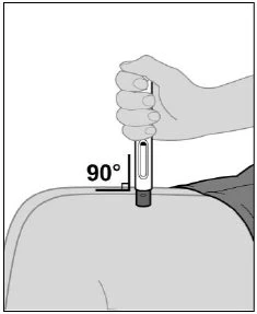 A hand holding an injection pen positioned vertically at 90 degrees on the upper buttock or thigh