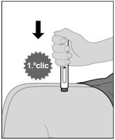 A hand holding an auto-injector device pressed against the upper thigh, with an arrow and a circle indicating the first click