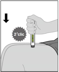 A hand holding a pen-shaped medical device placed on a person's shoulder with a black downward arrow and the label '2nd click'