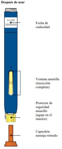 Diagramma di un dispositivo medico blu con indicazioni in spagnolo su data di scadenza, finestra gialla per iniezione e protezione dell'ago