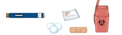 Penna iniettrice blu, bustina bianca, due batuffoli di cotone, cerotto color carne e contenitore per smaltimento rifiuti biologici rosso