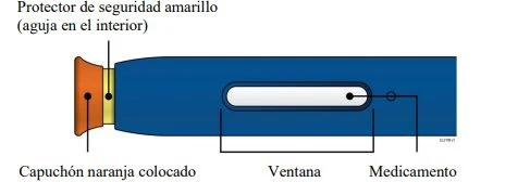Diagramma di una penna iniettiva blu con cappuccio arancione, protezione gialla con ago interno, finestra trasparente e indicazione del farmaco