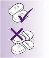 Drawing of two whole tablets with a purple checkmark above and broken tablets with a purple cross below on a lilac background