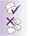Disegno di due compresse intere con un segno di spunta viola sopra e quattro frammenti di compresse con una croce viola sopra