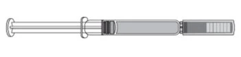 Technical drawing of a horizontal syringe with plunger on the left, transparent central body and distal end with measurement markings