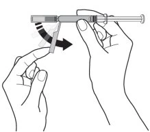 Two hands holding a syringe while a black arrow indicates rotational movement of the upper part to click or unscrew the device