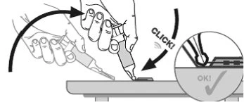 Technical drawing showing two hands using an injection pen on a surface, with curved arrows and a circle containing a checkmark and the word OK