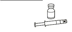 Line drawing of a glass vial with cap and a horizontal syringe with plunger and cylindrical barrel on a white background