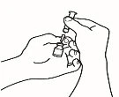 Two hands handling a glass vial and a syringe to prepare the drug dose by aspirating the liquid