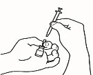 Two hands preparing medication, one holding a glass vial while the other handles a syringe