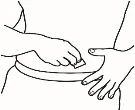 Line drawing of a person applying a patch or medical device to the abdominal area with both hands