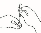 Two hands using a syringe to aspirate contents from a small glass vial with cap