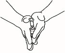 Two hands firmly holding a syringe in vertical position to prepare the medication