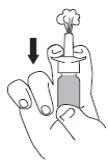 Black and white drawing showing a hand pressing downward on the cap of a medical bottle with a black arrow pointing downward