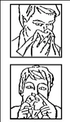 Disegno in bianco e nero di una persona che si soffia il naso con un fazzoletto e un'altra che tiene un fazzoletto davanti al viso
