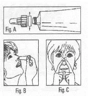 Tre disegni tecnici: la Fig. A mostra lo smontaggio di un tubetto, la Fig. B l'uso di un applicatore nasale e la Fig. C l'inserimento nelle narici