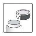 Schematic drawing of a cylindrical vial with a gray plastic cap partially removed and positioned above it
