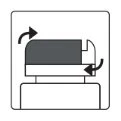 Schematic diagram with curved arrows indicating rotational and sliding motion of a rectangular mechanical component over a base