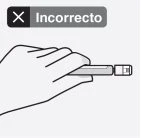 Disegno lineare di una mano che impugna in modo errato un dispositivo medico a penna con un banner grigio in alto con una X e la scritta Incorrecto