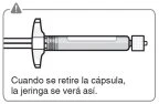Disegno tecnico di una siringa orizzontale con cappuccio protettivo sulla punta e un simbolo di avvertimento in alto a sinistra