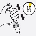 Una mano tiene una siringa e la muove su e giù con frecce nere accanto a un cronometro che indica 10 secondi