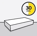 Un rettangolo bianco tridimensionale su sfondo grigio e un cerchio con la scritta 30 min su metà gialla e l'altra