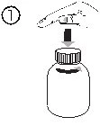 Disegno tecnico che mostra una mano che inserisce un ago in un flaconcino di medicinale indicato dal numero 1 con una freccia verso il basso
