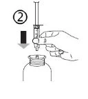 Una mano tiene una siringa sopra il flacone aperto e una freccia nera indica il movimento verso il basso per aspirare il liquido dal contenitore