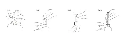 Four line diagrams show the preparation steps: unscrew the cap, insert the