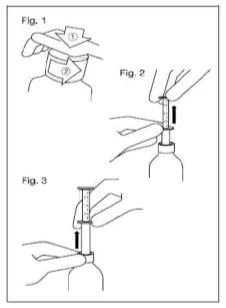 Three numbered diagrams show the steps for preparing a vial: cleaning the stopper, inserting the