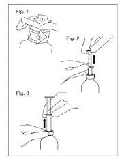 Tre diagrammi numerati che mostrano le mani che manipolano una fiala e una siringa per il prelievo del farmaco con frecce direzionali