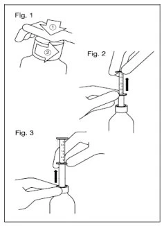 Three diagrams showing how to prepare a syringe: applying a band, drawing up the liquid, and adjusting the dose with fingers on the syringe