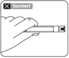 Disegno in bianco e nero di una mano che impugna orizzontalmente un dispositivo medico con un'etichetta con una X e la scritta Incorrect in alto