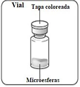 Disegno tecnico di un flaconcino con tappo colorato e polvere di microsfere sul fondo con etichette descrittive in spagnolo