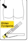 Diagramma medico che mostra la parte posteriore di un busto con una freccia che indica il gluteo e un dispositivo autoiniettore in basso