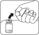 Una mano solleva il tappo di un flaconcino di medicinale indicato da una freccia nera curva verso l'alto