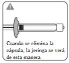 Disegno tecnico di una siringa orizzontale con un simbolo di avvertimento in alto a sinistra e testo in spagnolo nella parte inferiore