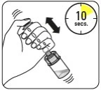 Una mano impugna una fiala con un movimento oscillatorio indicato da una freccia nera e un cronometro che segna 10 secondi
